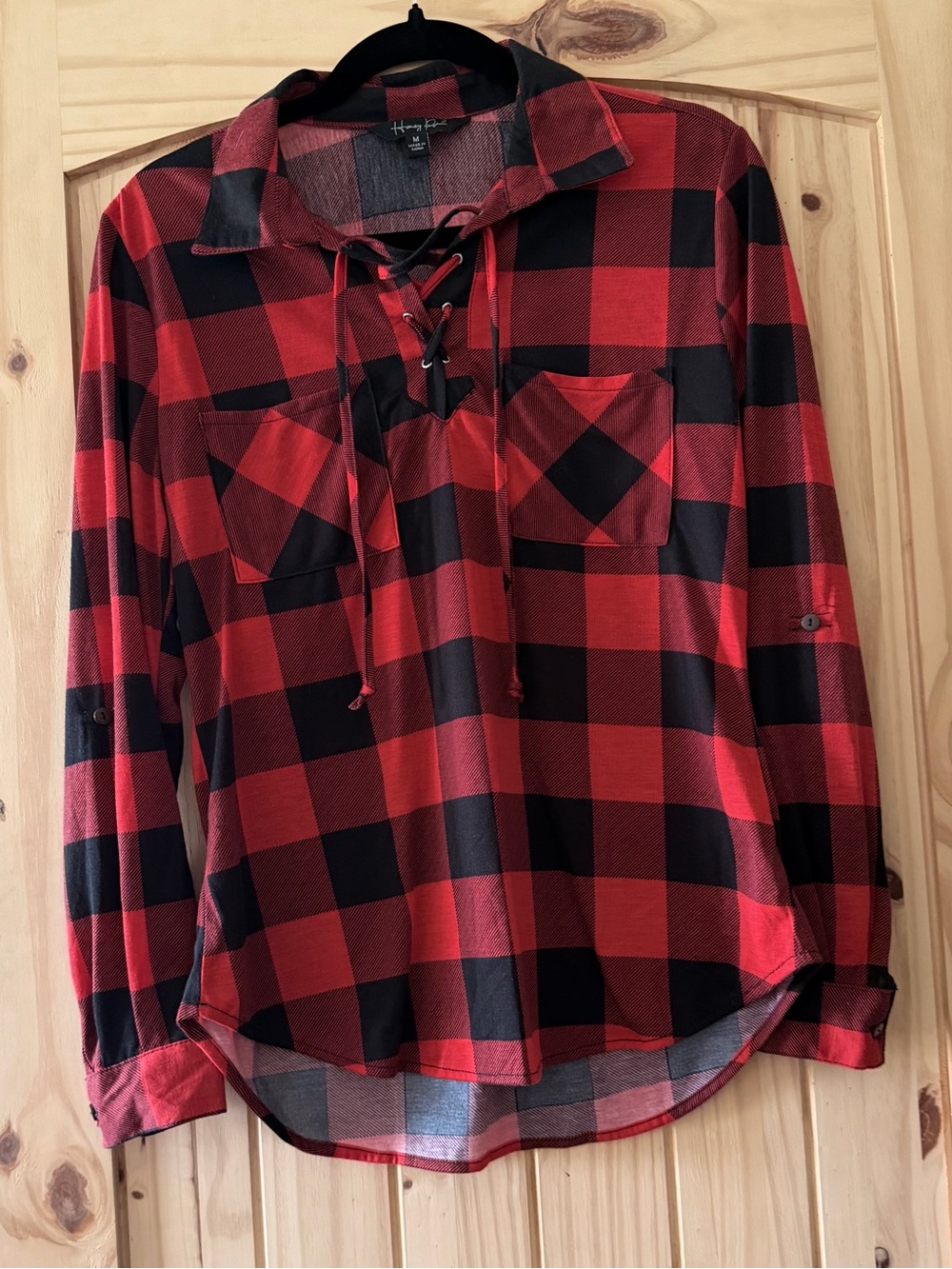 Women’s Red and Black Plaid Lace-Up Pocket shirt